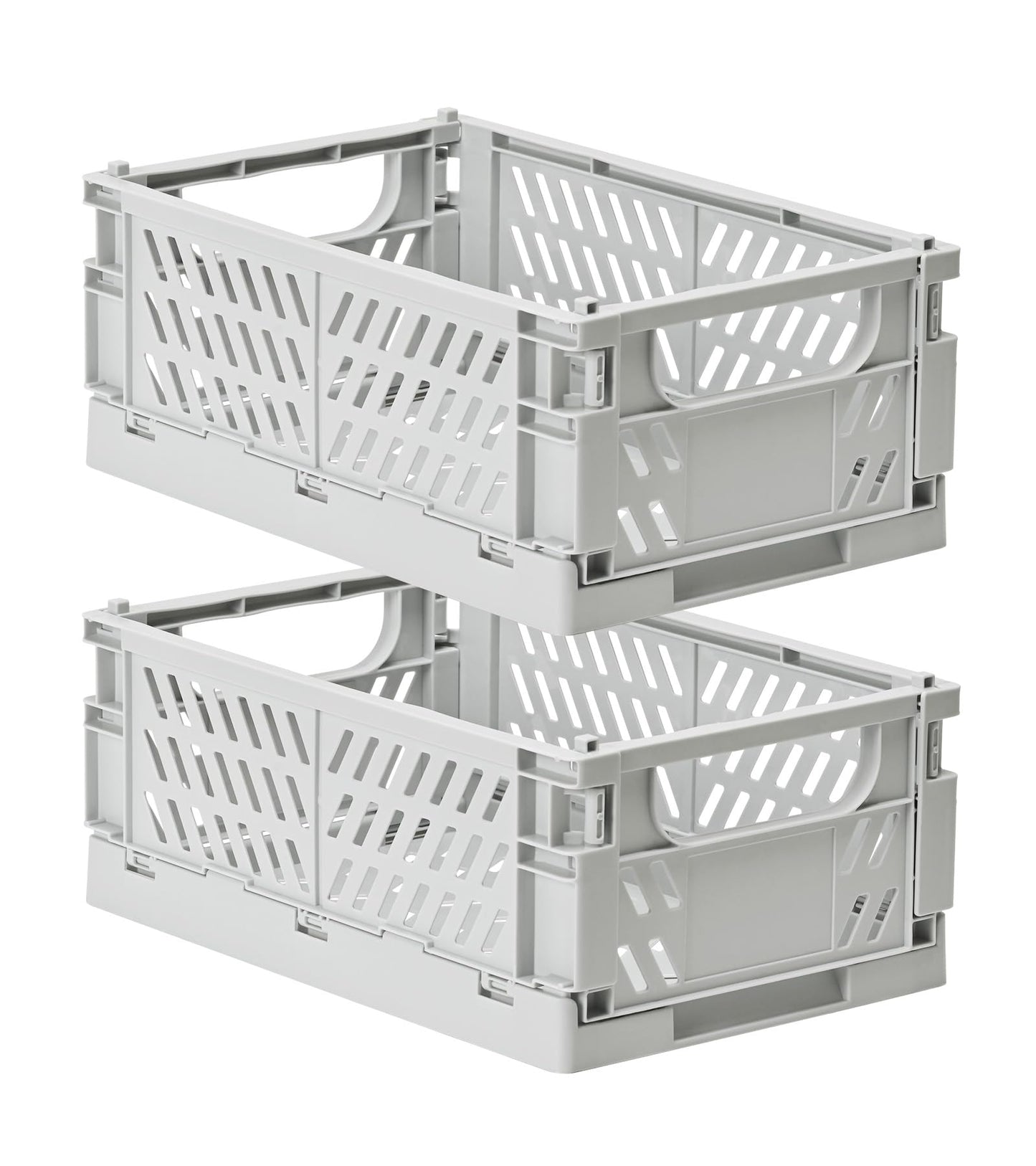HUUSMOT 2-Pack Small Pastel Plastic Storage Baskets, Collapsible Crates for Organizing, Space-Saving Mini Bins for Classroom, Kitchen, Office, Bedroom (Grey, 9.8" x 6.5" x 3.8")
