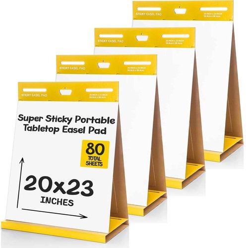 ReliThick 4 Pack Sticky Easel Pad, 20 x 23 Inches Flip Chart Paper for Teachers, White Blank Paper with Yellow Cardboard Backing, 20 Sheets Per Pad for Drawing Sketching for Office School Classroom