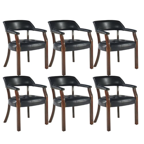 LEEMTORIG Set of 6 Faux Leather Dining Chair with Arms, Dining Chair with Supportive Back, Game Poker Table Chairs, Boss Caption's Chairs Office Desk Chairs, Cherry Walnut Legs & Black PU NX173D