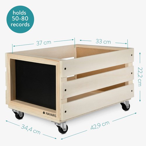 Navaris Wood Record Crate with Wheels - Vinyl Album Storage Holder Box Wooden Case with Chalkboard Sign Board - Holds up to 80 LP Records - Natural