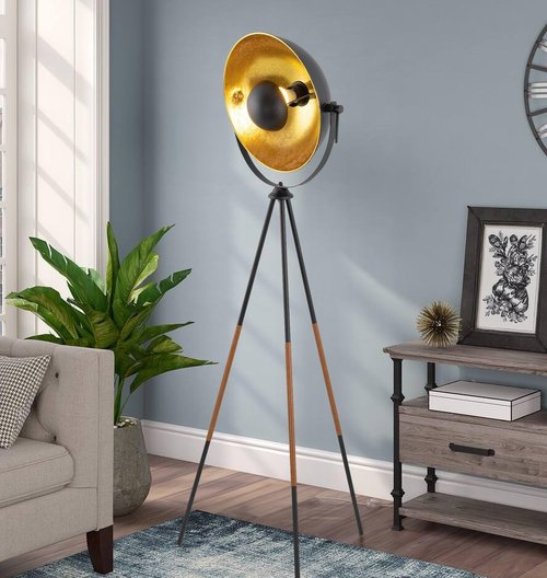 Kira Home Sulis 58" Modern Industrial Tripod LED Floor Lamp + 9W Bulb (Energy Efficient/Eco-Friendly), Leather Accent Legs, Satellite Style Shade, Black Finish