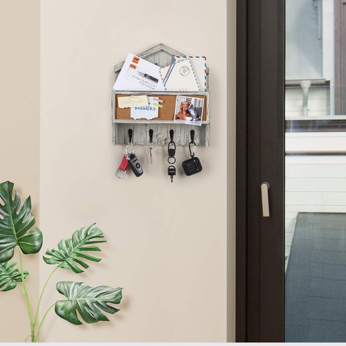 J JACKCUBE DESIGN Wall Mounted Rustic White Wash Mail and Key Holder, Wooden Floating Organizer with Mail Storage, 4 Key Holders and Pin Board for Entryway, Mud Room, Living Room, Office-MK623A