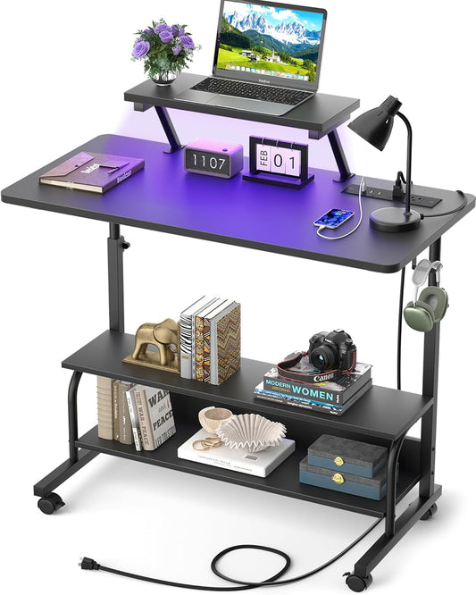 Skiennix Height Adjustable Standing Desk - 32" Manual Desk with Power Outlets & LED Lights | Portable Black Laptop Table