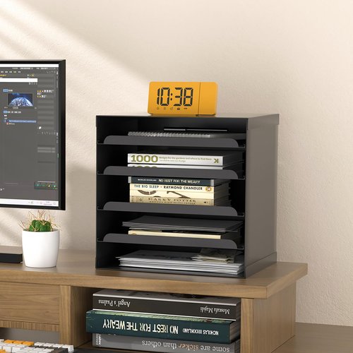 BOTALEGRE Desktop File Sorter with 4 Adjustable Shelves, Metal Desk Organizer, 12.6 x 12.6 x 9.85 inches (Black)