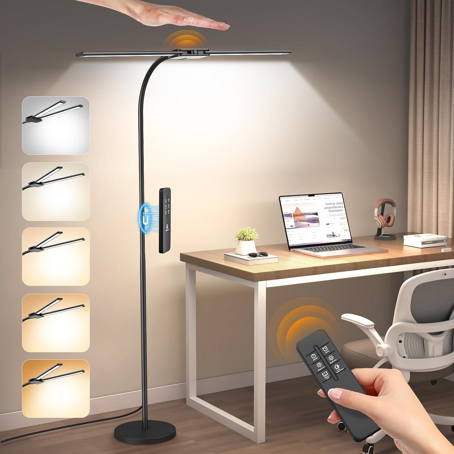 Syrinx LED Floor Lamp - 18W 2000LM Bright Reading Light with Gesture & Remote Control | Dimmable Dual Head Design