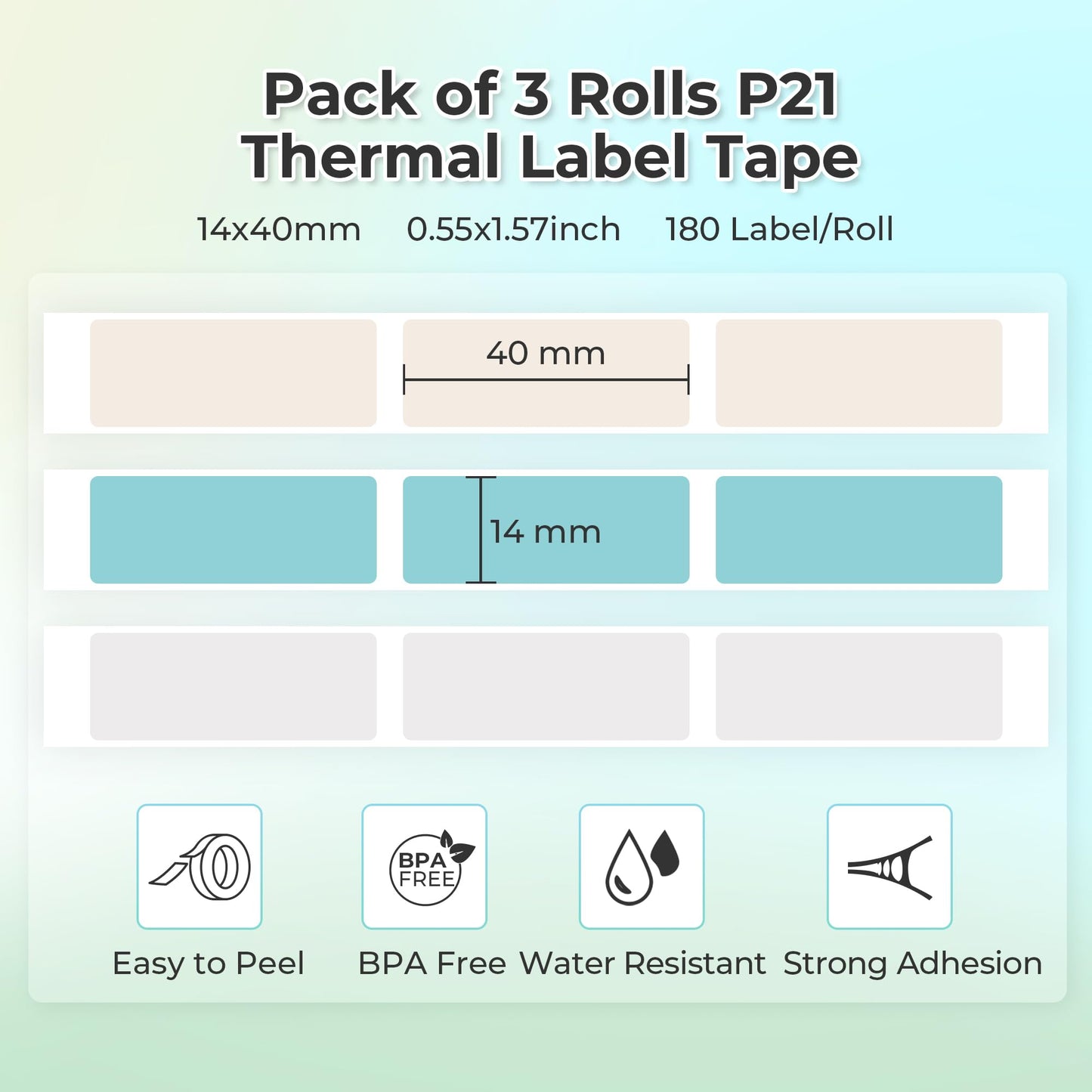 NELKO Genuine P21 Label Maker Tape, Adapted Label Print Paper, 14x40mm (0.55inx1.57in), Standard Laminated Labeling Replacement, Multipurpose of P21, 180 Tapes/Roll, 3-Roll, Grey/Brown/Green