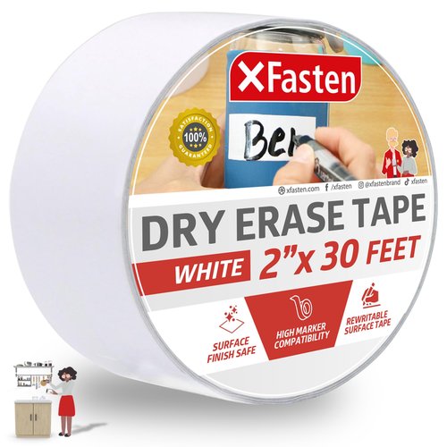 XFasten Dry Erase Tape White 2-Inch x 30-Feet Zero Smudging Ghosting-Free Whiteboard Tape, Reusable Dry Erase Labels for Storage Bins, Sentence Strips for Teachers