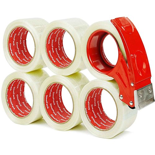 SinoPack Strapping Tape with Dispenser, 6 Pack 2 Inch x 30 Yards 5.5 Mil, Heavy Duty Reinforced Fiberglass Tape for Moving,Shipping,Storage
