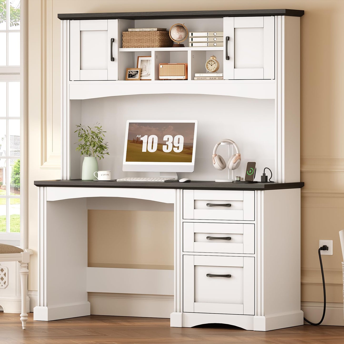 HOOBRO Farmhouse Computer Desk with Hutch and LED Light, 47.4" Large Home Writing Desk with File Drawer and Charging Station, Wooden Executive Desk for Home Office, Study, White and Black BW120UDDN01