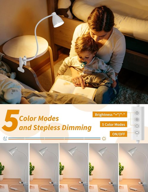 Bohon Clamp Lamp - 5 Color Modes & 10 Brightness Settings - 360° Flexible Gooseneck Desk Light | White