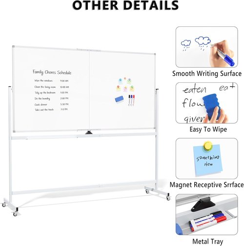 Large Rolling Whiteboard - 72" x 36" Double-Sided Mobile Dry Erase Board on Wheels | Portable Easel for Home & Office