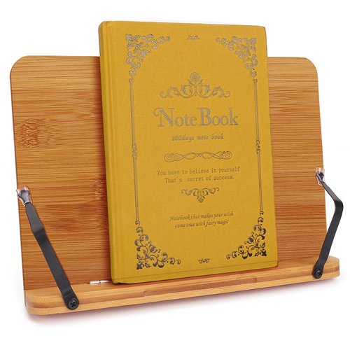 wishacc Bamboo Book Stand, Adjustable Book Holder Tray and Page Paper Clips-Cookbook Reading Desk Portable Stable Hard-Wearing Lightweight Bookstand-Textbooks Books