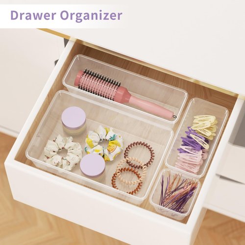 klyoca 22 PCS Clear Drawer Organizer Set, 4-Size Vanity and Desk Drawer Organizer Trays with Non-Slip Silicone Pads, Plastic Storage Bins for Makeup, Jewelry, Bathroom, Office, Fridge, Kitchen