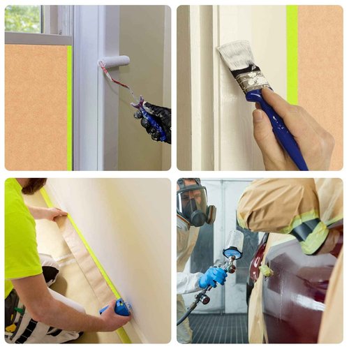 Pre-Taped Masking Paper for Painting - 18 inch x 50 feet Tape and Drape Painters Paper, Paint Adhesive Protective Paper Roll for Covering Skirting, Frames, Cars and Auto Body (8 Rolls)