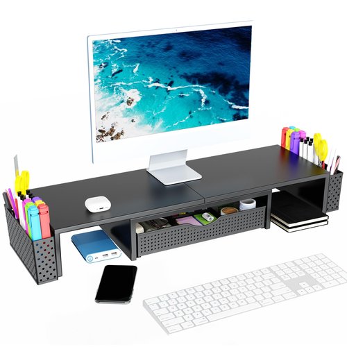 Spacrea Metal Desk Organizers and Accessories, Dual Monitor Stand Riser with Drawer and 2 Pen Holders, Desk Accessories & Workspace Desktop Organizers for Office Supplies (Black)