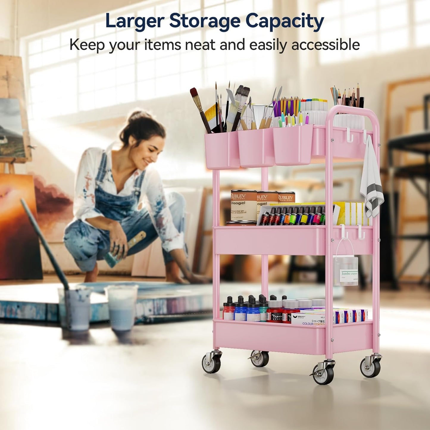 YASONIC 3-Tier Metal Rolling Cart - Heavy Duty Utility Cart with Lockable Wheels & Hooks | Pink