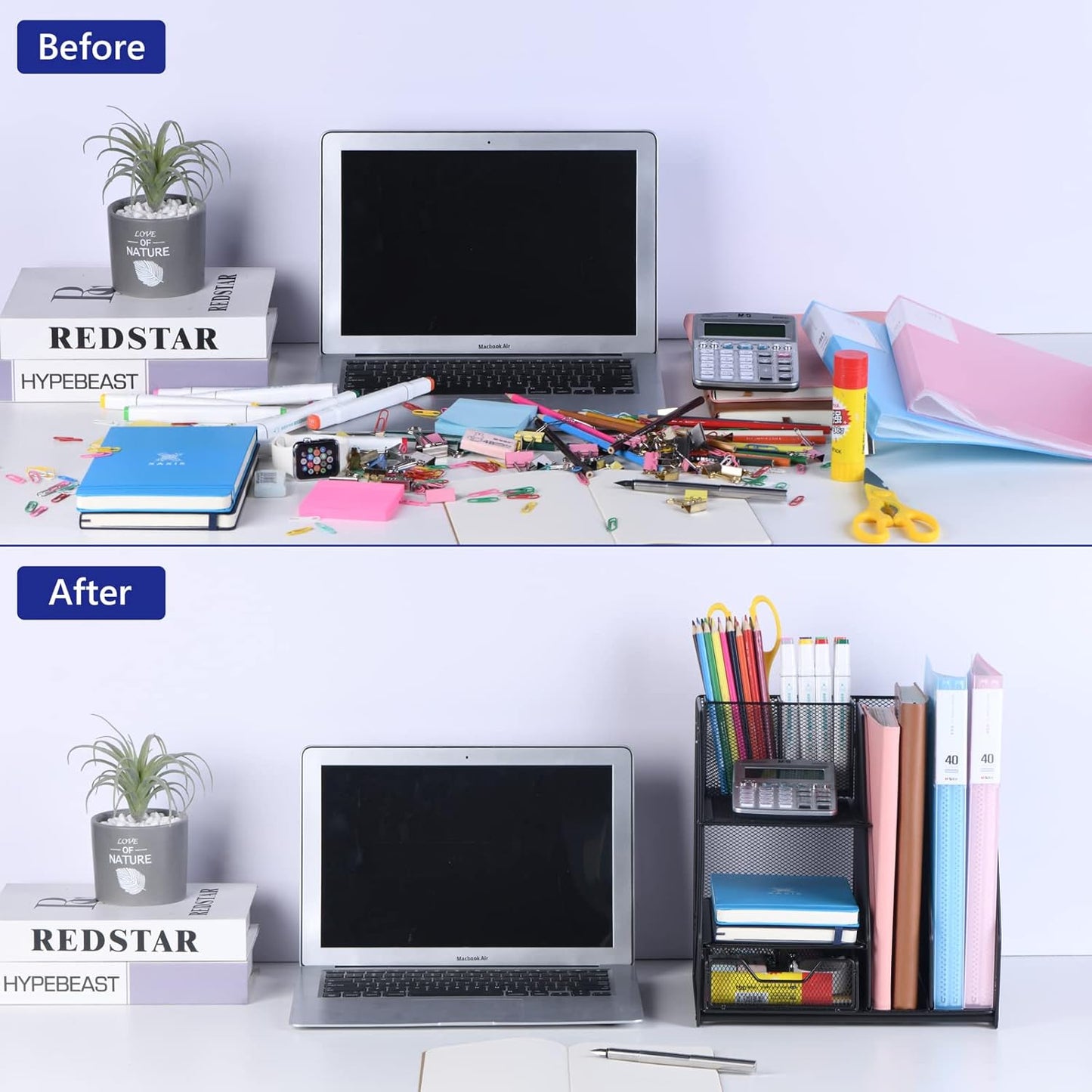 Topwey Desk Organizer - 2-Tier File Organizer with Drawer & Pen Holders | Mesh Desktop Storage Solution