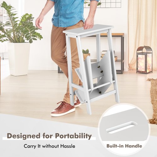 BETTARY 3-Step Folding Wooden Step Stool, Portable Anti-Slip Step Ladder, Foldable Wood Counter Staircase, Multifunctional Flower Shelf & Chair for Kitchen/Garage/Living Room/Library (White)