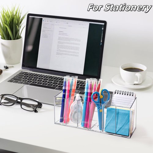 Hacaroa 2 Pack Acrylic Pen Holder 6 Compartments, Clear Makeup Brush Organizer with Removable Dividers, Acrylic Cosmetic Brush Holder for Eyebrow Pencils, Markers, Office Desk, Vanity