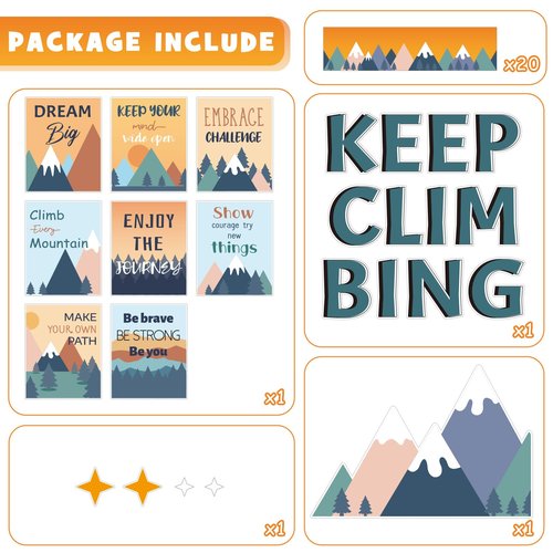Mountains Bulletin Board Decorations, Moving Mountain Motivational Classroom Decoration Mountains Positive Sayings Accents Poster Cutouts Library Back to School Wall Decor for Teacher(Keep Climbing)