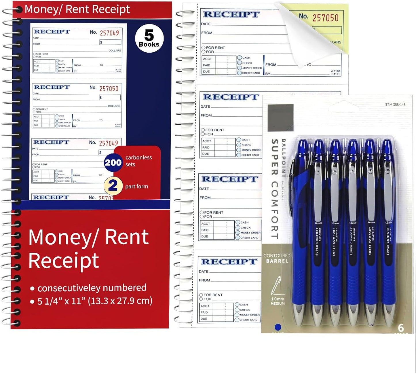 Receipt Book (5 Pack Books), Receipt Book with Carbon Copies, Invoice Receipt Book, Rent Receipt Book, Receipt Book for Small Business, 6 Pens, 2-Part Carbonless, 5-1/4" x 11", 200 Sets
