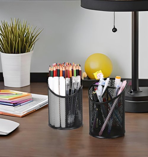 Nicunom 4 Pack Pen Holder Mesh Pencil Holder Round Pen Cup for Desk, 3 Compartments Desktop Pencil Organizer for Office Home School, Black