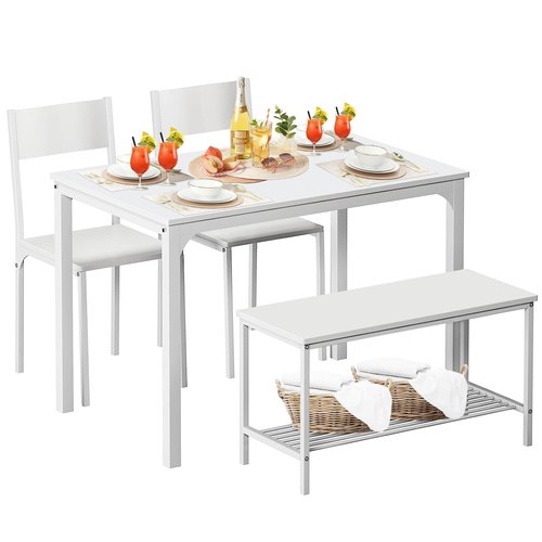 SogesHome Dining Table Set with 2 Chairs and 1 Bench, Bar Set Kitchen Table and Chairs for Dining Room Resturant Bistro Set, Pure White
