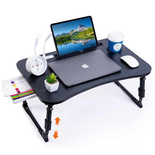 Laptop Desk for Bed, Height Adjustable Laptop Bed Table, Foldable Portable Lap Desk Stand with USB/Storage Drawer/Cup Holder/Slot, Breakfast Tray for Working Reading Writing Eating