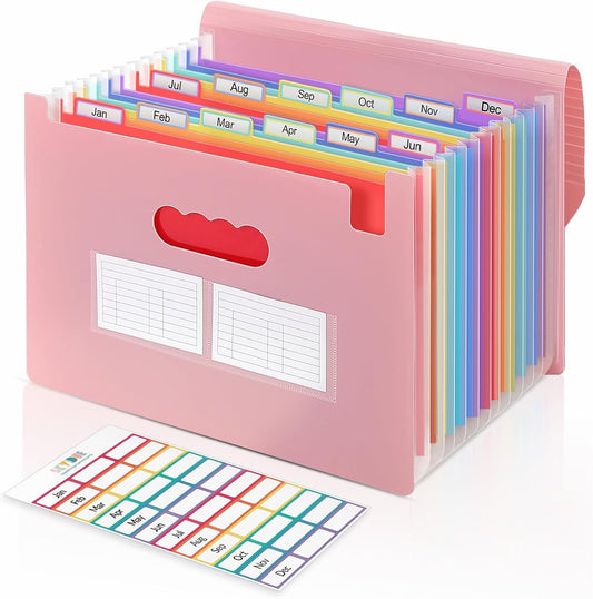SKYDUE Accordion File Organizer - Expanding 13-Pocket Folder for Documents | Portable A4 Size Pink
