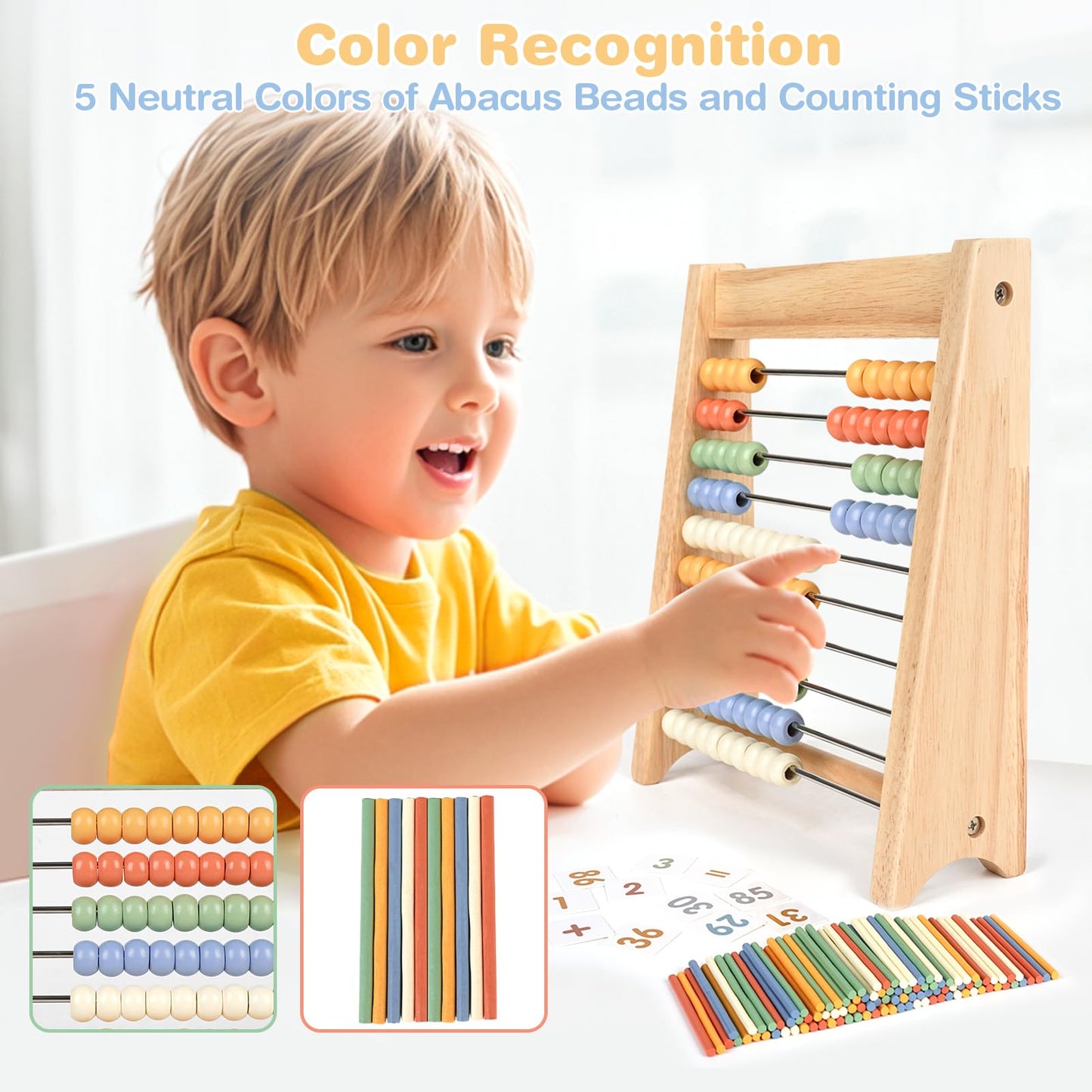 Abacus for Kids Math - Wooden Abacus with 100 Counting Sticks and 112 Math Cards, Counting Toys for Preschool Learning, Educational Math Toys for Developing Fine Motor Skills, Math Calculation