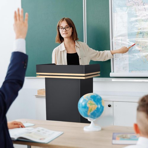 Vakiorn 43" Wood Podium Stand with 3 Levels of Storage, Portable Lectern with Wheels, Floor Standing Customer Reception Podiums Mic Stand Desk for Churches, Office, School,Conference, Auditorium
