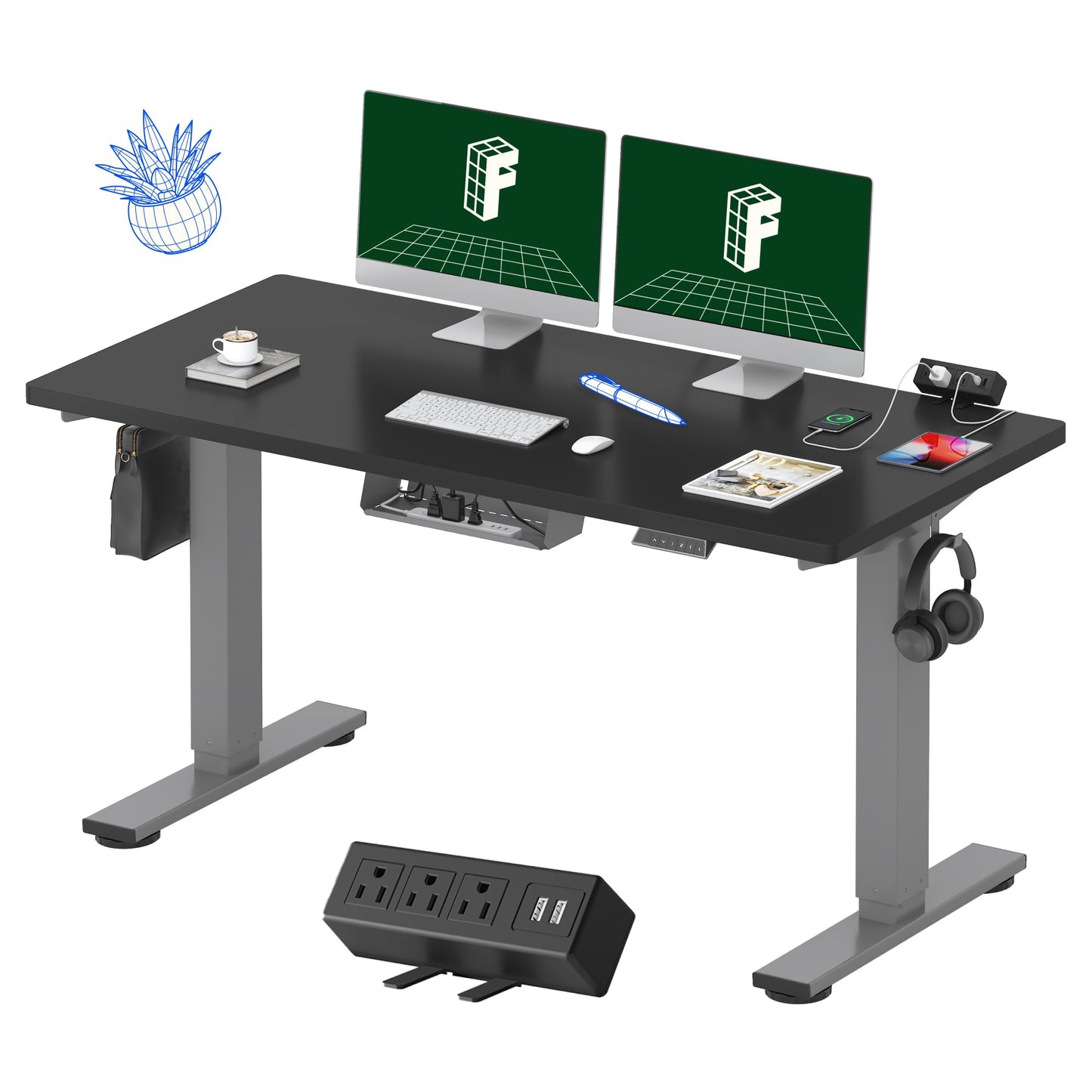 FLEXISPOT EN2 Whole-Piece Standing Desk with Clamp Power Strip, 55 x 28 Electric Stand Up Height Adjustable Desk with Cable Management (Gray Frame + 55" Black Top, 2 Packages)