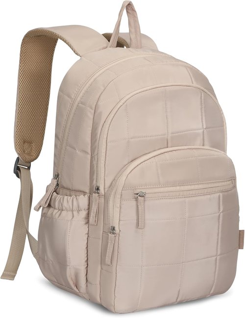 Hynes Eagle College Laptop Backpack - 16-Inch Quilted Travel Bag for Women | Lightweight Puffer Daypack 28L in Camel