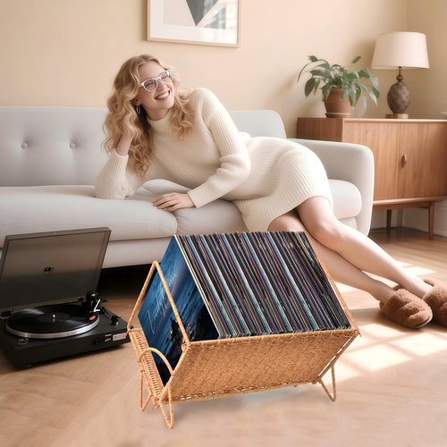 Demine Vinyl Record Storage Rack - Holds 80 LPs | Stylish Woven Record Holder | Multifunctional Storage | Vinyl Display Organizer for Books, Magazines & Files