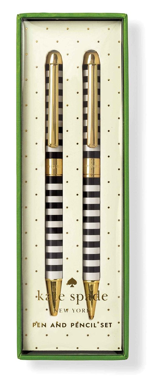 Kate Spade New York Black Ink Ballpoint Pen and 0.9mm Mechanical Pencil Set, Black Stripe