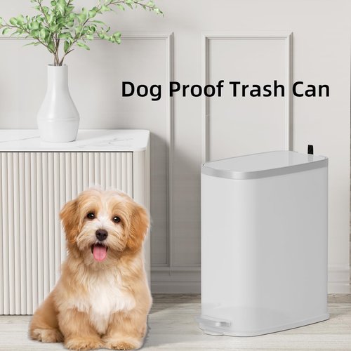 KUK Slim Bathroom Trash Can with Lid Soft Close, Step Pedal, 2.6 Gal/ 10L Stainless Steel Garbage Can with Removable Inner Bucket, Anti-Fingerprint Wastebasket for Office, Bedroom, Toilet (White)