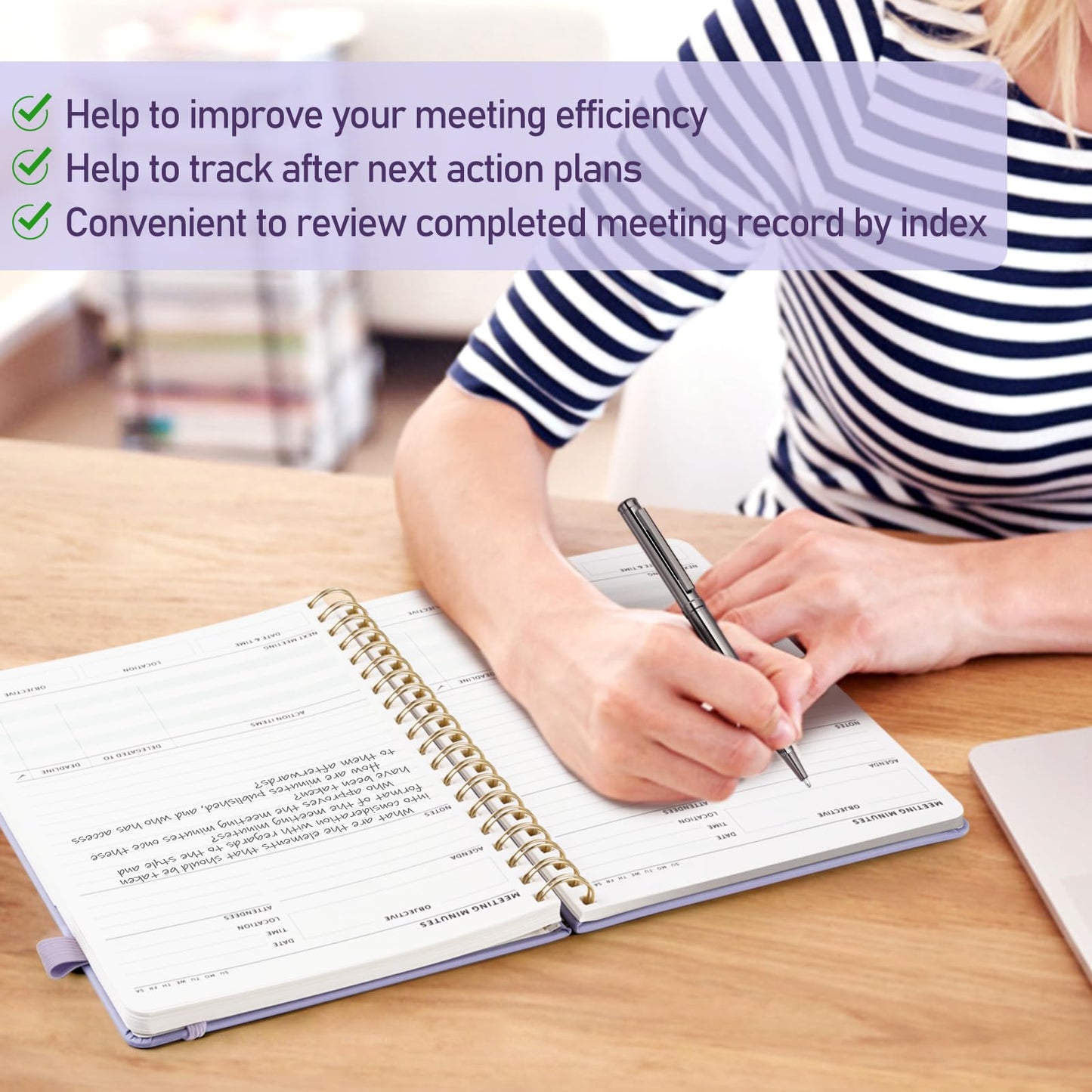 WEMATE Meeting Notebook for Work B5 (7"x10") - PU Leather Work Notebook with Agenda, Action Items & Notes - 200 Pages for Men&Women, Staff and Students, Meeting, Projects Planning - Light Purple