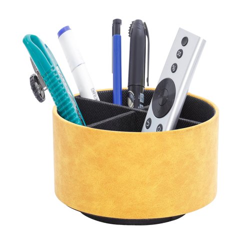 LINKWELL Remote Control Holder For Table, 360 Degree Spinning Desk Organizer For Bedside Night Stand, TV Remote Caddy with 4 Compartments, Office Rotating Pen Holder Yellow PH126