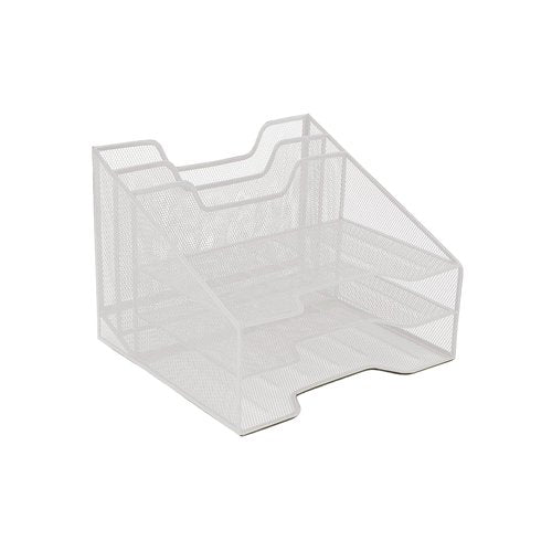 Mind Reader Metal Mesh Desktop File Organizer, 3-Tier Paper Tray with 5 Compartments, Office Mail Sorter, White