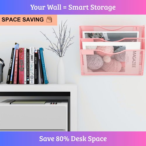 Heavty 3 Pocket Wall File Holder Organizer, Mesh Hanging Wall Mounted Document Paper Folder Filing Magazine Rack with Nametag Label for Office Home School, 3 Tier Pink
