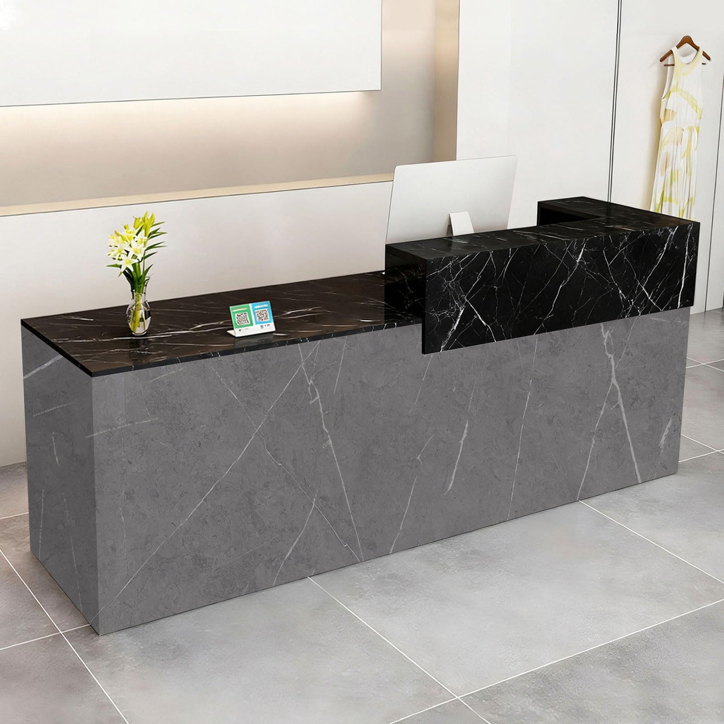 Modern Reception Desk with Drawer & Open Shelves, 39-95 Inch Front Counter Table, Computer Workstation Suitable for Salons, Offices, Lobbies, Retail Stores and Home Offices