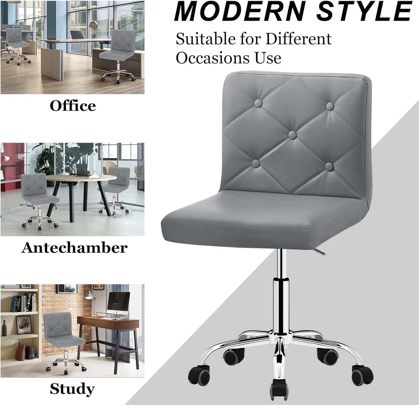 VECELO PU Leather Desk Chair - Adjustable Height, 360° Swivel, Mid-Back Design - Grey for Home Office