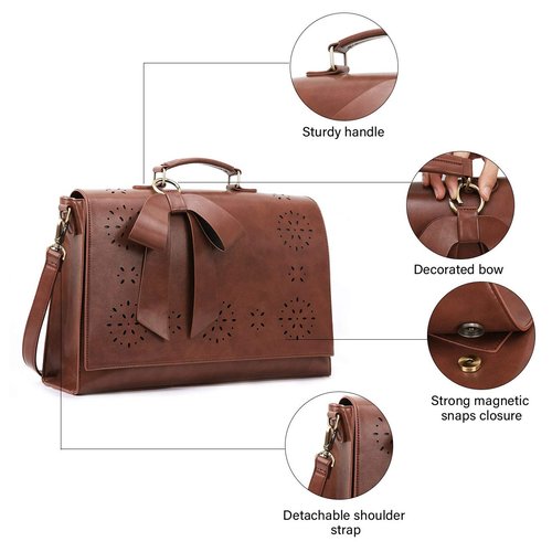 ECOSUSI Women's Briefcase Vegan Leather 15.6 inch Laptop Bag for Work Computer Shoulder Satchel Bag with Detachable Bow, Coffee