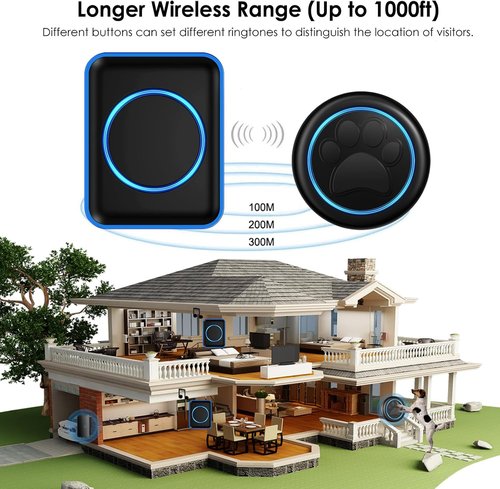 Full House Dog Doorbell - Wireless Potty Training System with Waterproof Touch Button | 1000ft Range, Black