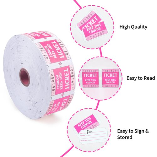 L LIKED Raffle Tickets Double Roll 2000 Tickets Consecutively Numbered 50/50 Raffle Tickets for Event Party Prize Drawing Perforated Stubs (Easy Read Pink)