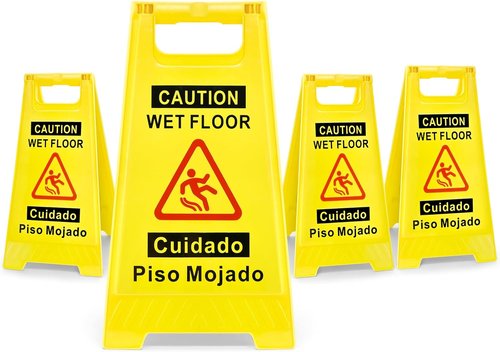 4-Pack Caution Wet Floor Sign - Bright Yellow Double-Sided A-Frame | 17.5" Height, Bilingual Message