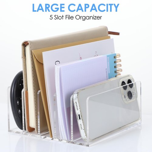 Clear Desktop File Organizer, 5 Compartments Acrylic Office Document Sorter Mails Storage, Multifunction Letter Folder Racks Holders for Office,Home, School Desk Organization