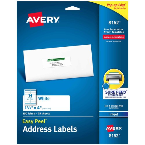 Avery Mailing Address Labels, Inkjet Printers, 350 Labels, 1-1/3 x 4, Permanent Adhesive, 5 Packs (8162)