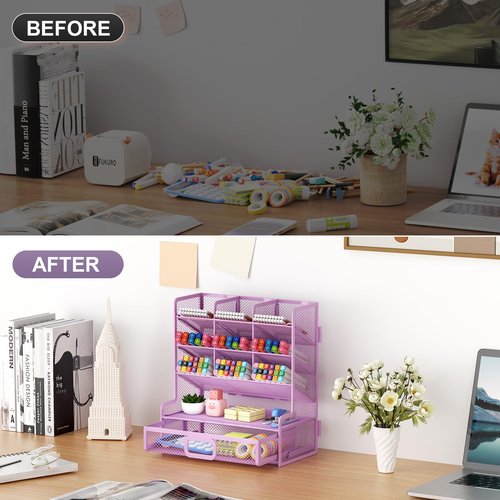 Marbrasse Larger Mesh Desk Organizer with Drawer, Multi-Functional Pen Pencil Holder, Easy Assembly, Desk Organizers and Accessories for Office Art Supplies (Purple)