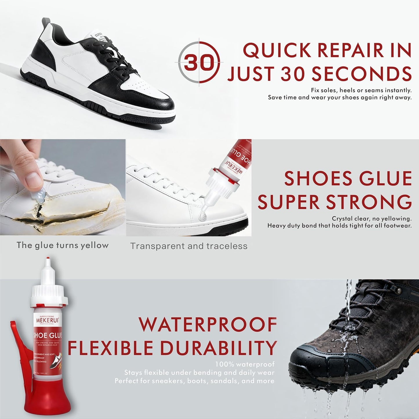 Super Strong Universal Shoe Glue – 30-Second Quick Repair Waterproof Clear Adhesive – Heavy Duty Shoes Glue for Sneakers, Soles, Heels & All Footwear with Precision Nozzle & Needle Tip